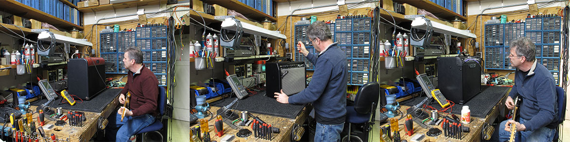 Kustom Fender and Mesa guitar amplifiers being repair and tested on the bench.
